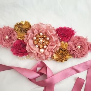 Pink, gold, white floral maternity bump sash accessory
